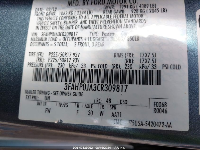 2012 Ford Fusion Sel VIN: 3FAHP0JA3CR309817 Lot: 40139062