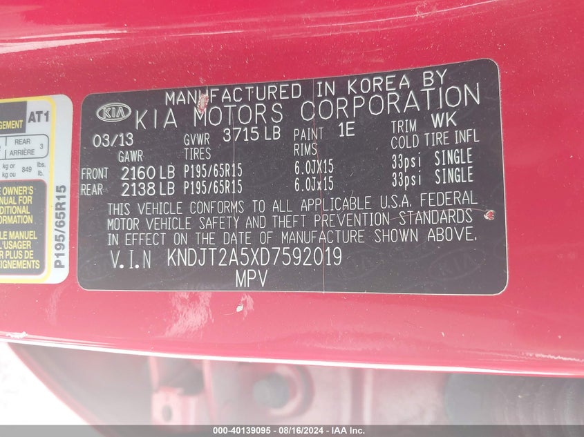 2013 Kia Soul VIN: KNDJT2A5XD7592019 Lot: 40139095