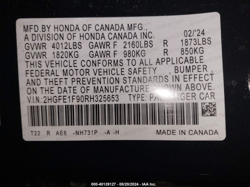 2024 Honda Civic Touring VIN: 2HGFE1F90RH325653 Lot: 40139127