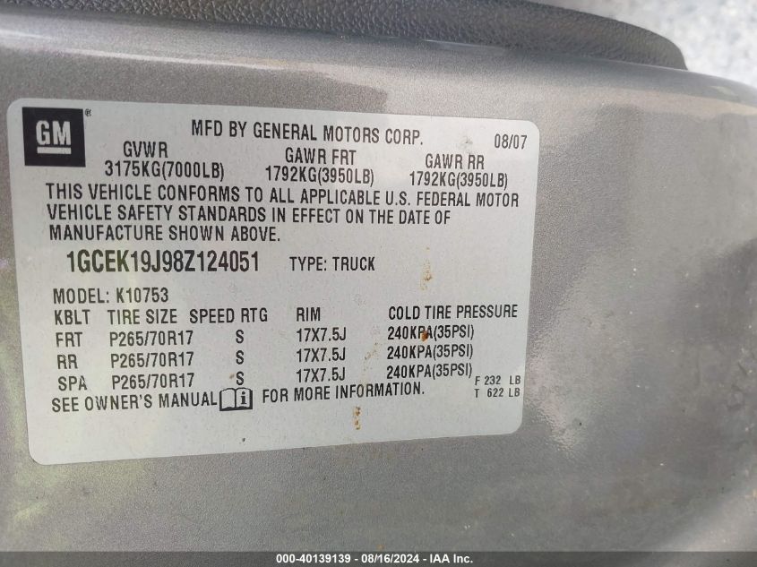 2008 Chevrolet Silverado 1500 Lt1 VIN: 1GCEK19J98Z124051 Lot: 40139139