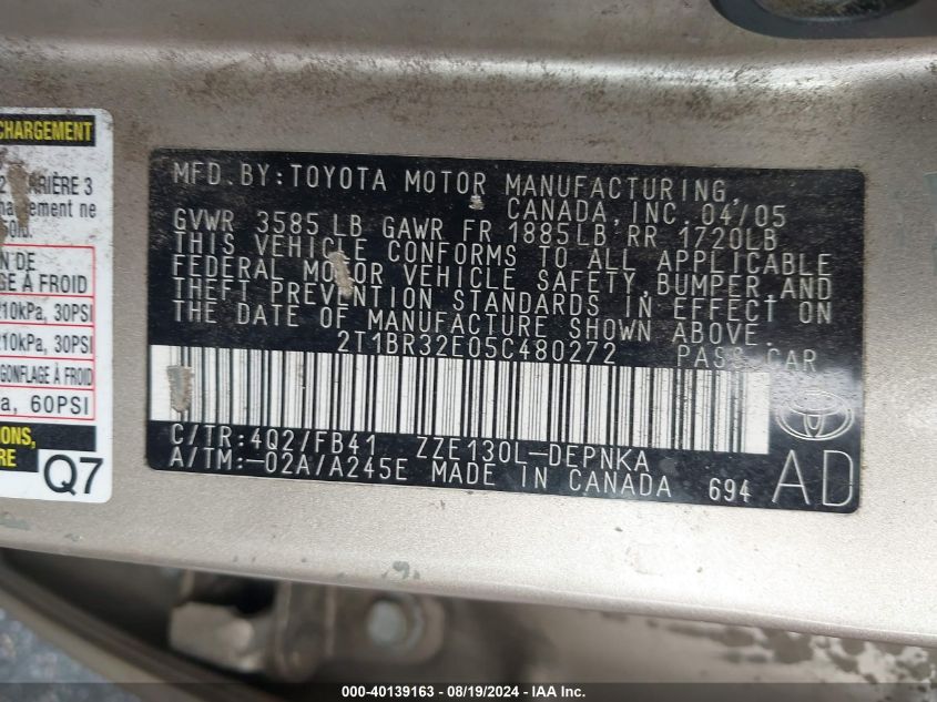 2005 Toyota Corolla Le VIN: 2T1BR32E05C480272 Lot: 40139163