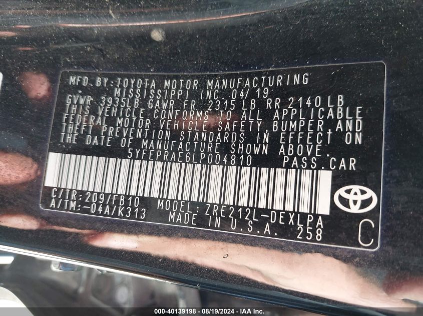 2020 TOYOTA COROLLA LE - 5YFEPRAE6LP004810