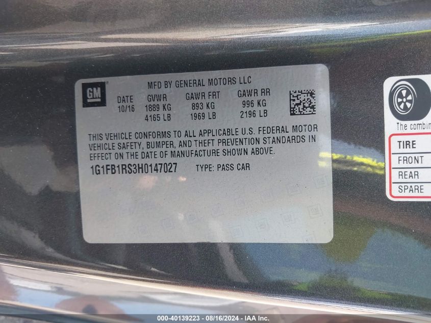 2017 Chevrolet Camaro 1Lt VIN: 1G1FB1RS3H0147027 Lot: 40139223