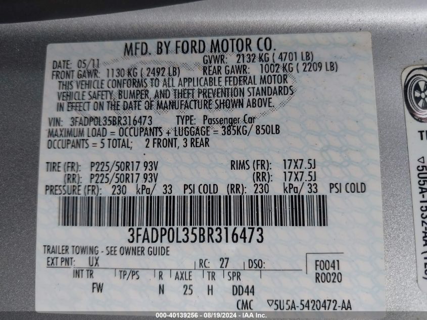 2011 Ford Fusion Hybrid VIN: 3FADP0L35BR316473 Lot: 40139256