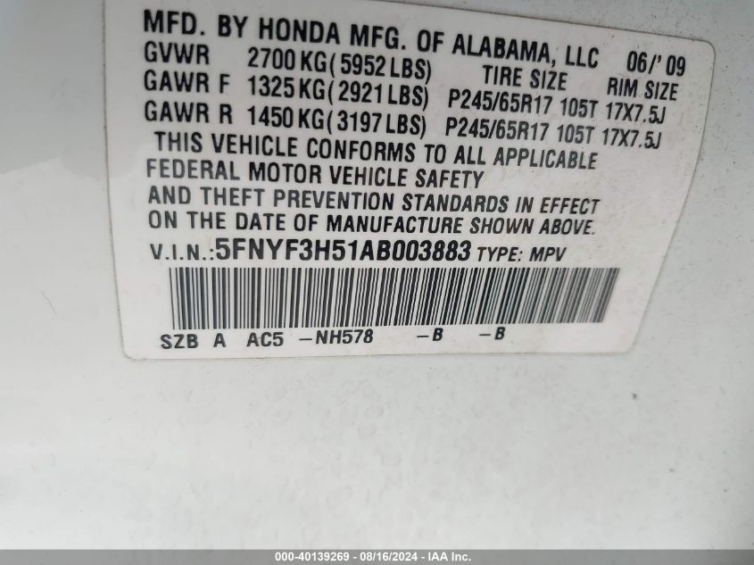 2010 Honda Pilot Ex-L VIN: 5FNYF3H51AB003883 Lot: 40139269