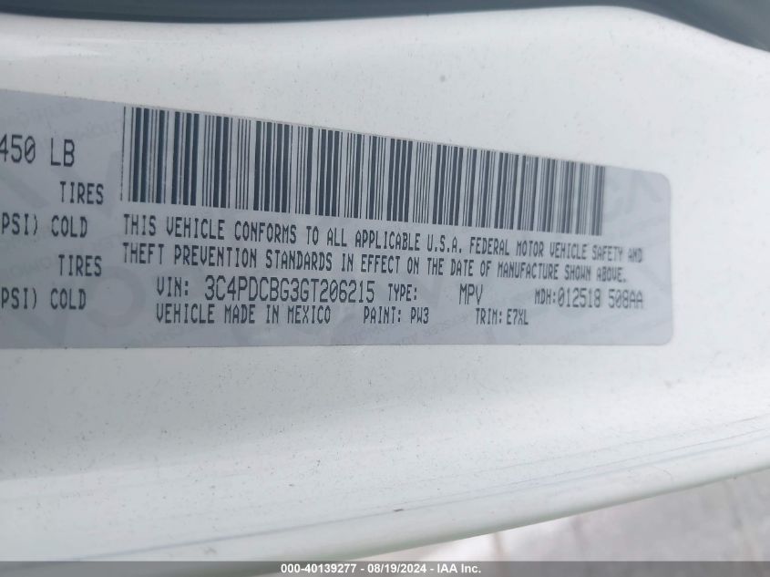 2016 Dodge Journey Sxt VIN: 3C4PDCBG3GT206215 Lot: 40139277