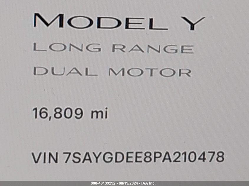 2023 Tesla Model Y Awd/Long Range Dual Motor All-Wheel Drive VIN: 7SAYGDEE8PA210478 Lot: 40139292