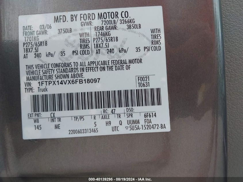 2006 Ford F-150 Fx4/Lariat/Xl/Xlt VIN: 1FTPX14VX6FB18097 Lot: 40139295