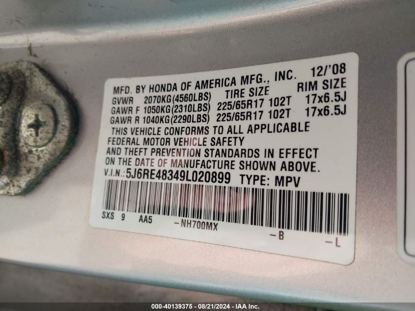 2009 Honda Cr-V Lx VIN: 5J6RE48349L020899 Lot: 40139375