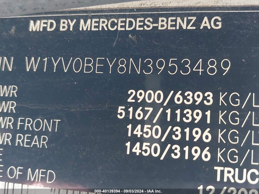 2022 Mercedes-Benz Metris VIN: W1YV0BEY8N3953489 Lot: 40139394