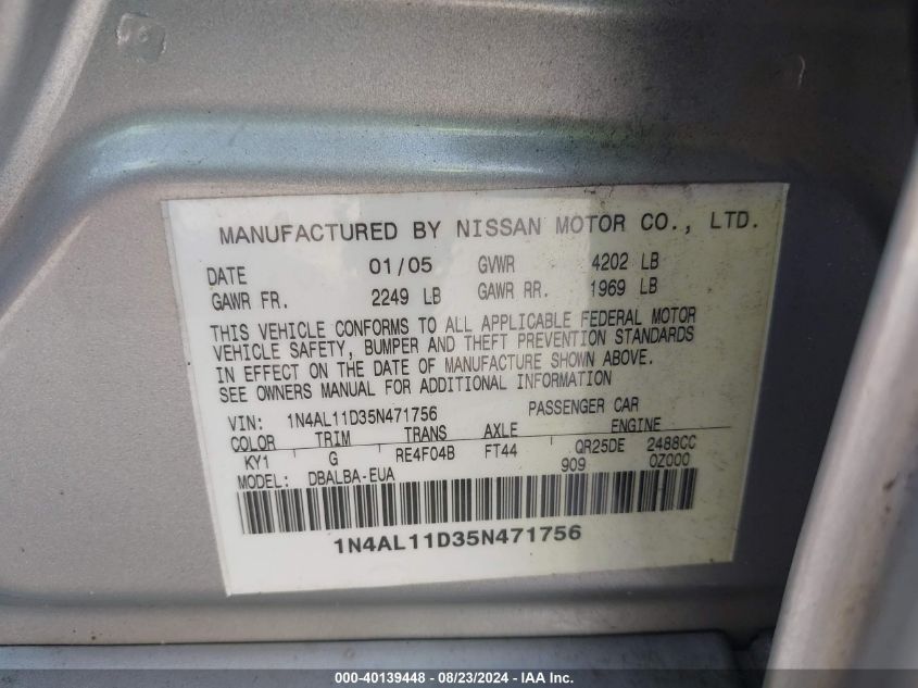 1N4AL11D35N471756 2005 Nissan Altima 2.5 S