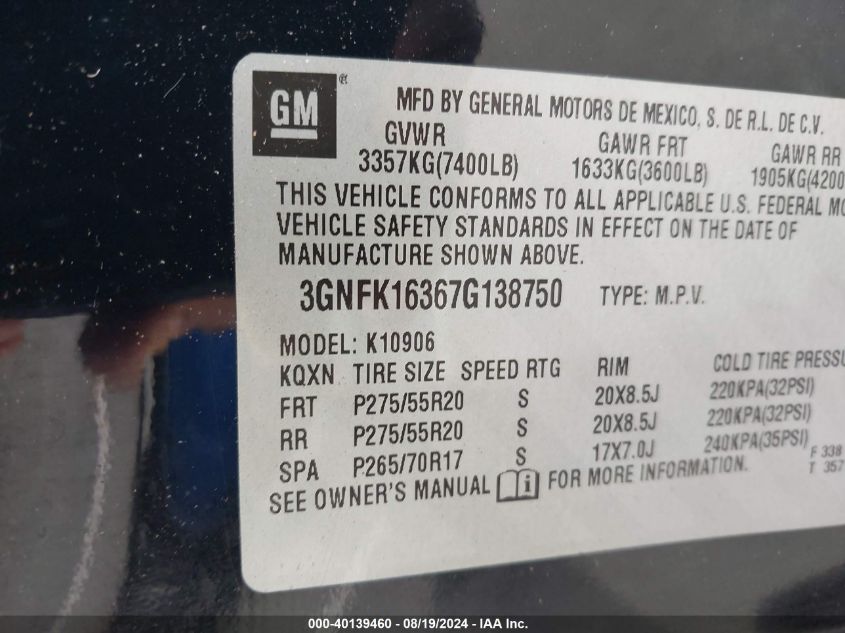 2007 Chevrolet Suburban 1500 Ltz VIN: 3GNFK16367G138750 Lot: 40139460