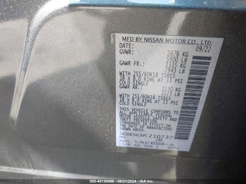 2023 Nissan Pathfinder S 4Wd VIN: 5N1DR3AC6PC210737 Lot: 40139496