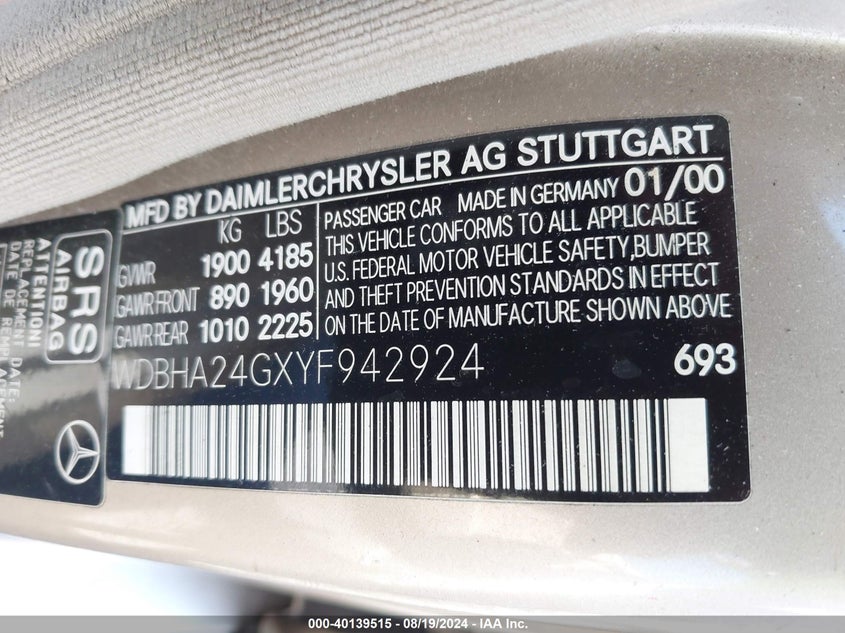 2000 Mercedes-Benz C 230 Kompressor VIN: WDBHA24GXYF942924 Lot: 40139515