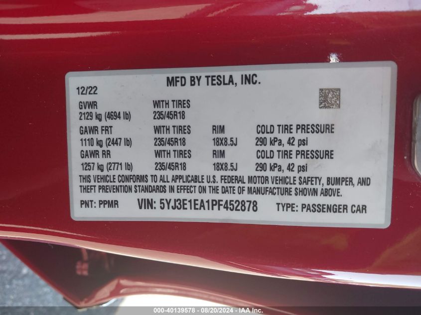 2023 Tesla Model 3 VIN: 5YJ3E1EA1PF452878 Lot: 40139578