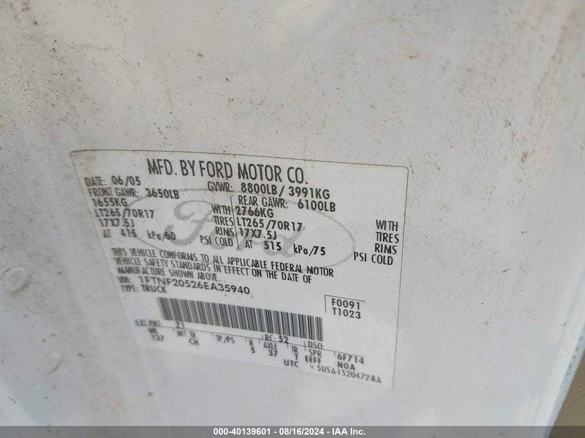 2006 Ford F-250 Xl/Xlt VIN: 1FTNF20526EA35940 Lot: 40139601