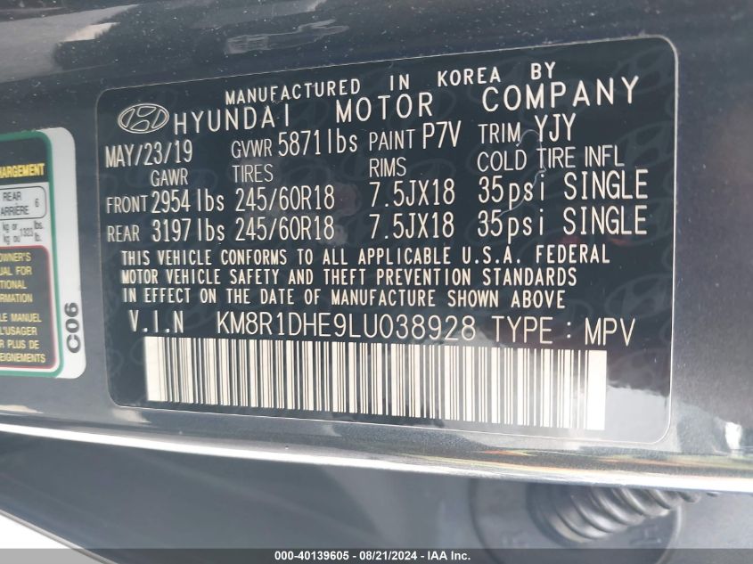 2020 Hyundai Palisade Se VIN: KM8R1DHE9LU038928 Lot: 40139605