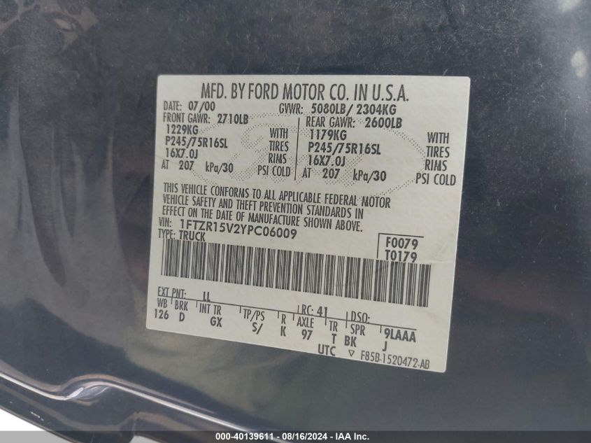 2000 Ford Ranger Xl/Xlt VIN: 1FTZR15V2YPC06009 Lot: 40139611