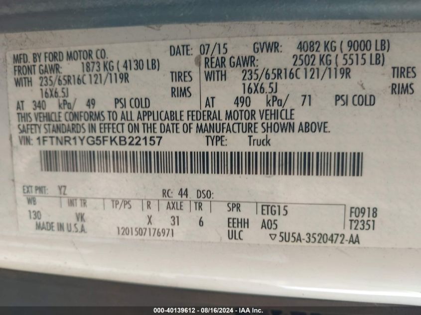 2015 Ford Transit-250 VIN: 1FTNR1YG5FKB22157 Lot: 40139612