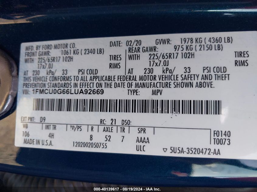 2020 Ford Escape Se VIN: 1FMCU0G66LUA92669 Lot: 40139617