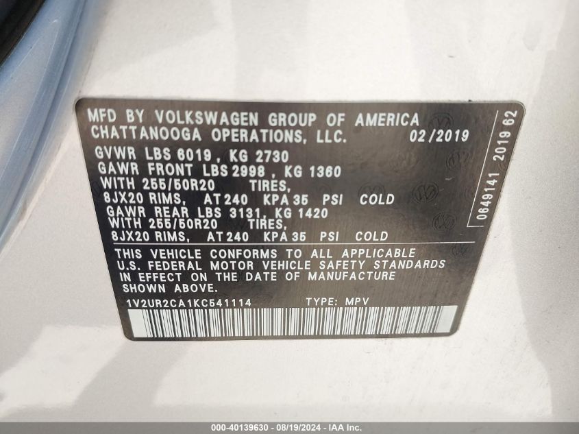 1V2UR2CA1KC541114 2019 Volkswagen Atlas 3.6L V6 Se W/Technology