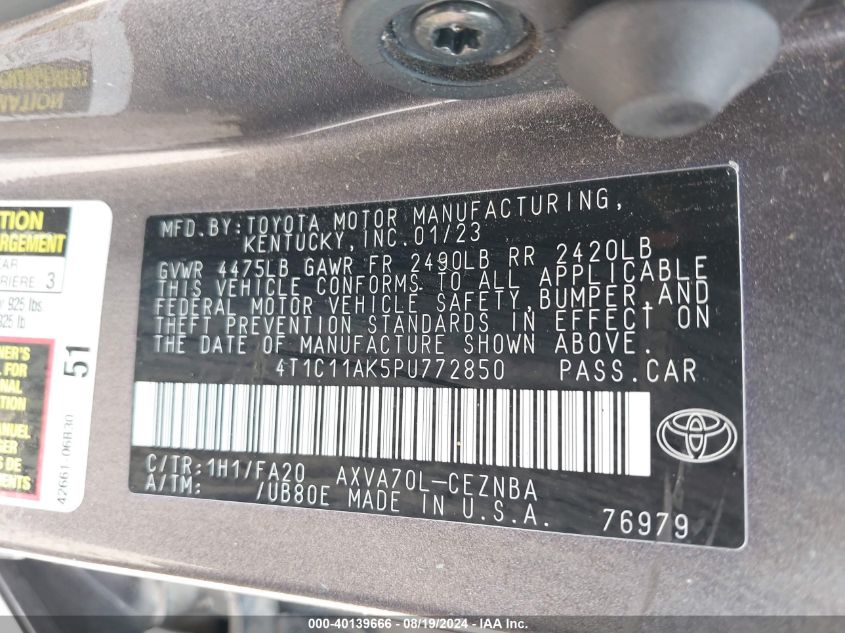 2023 Toyota Camry Le VIN: 4T1C11AK5PU772850 Lot: 40139666