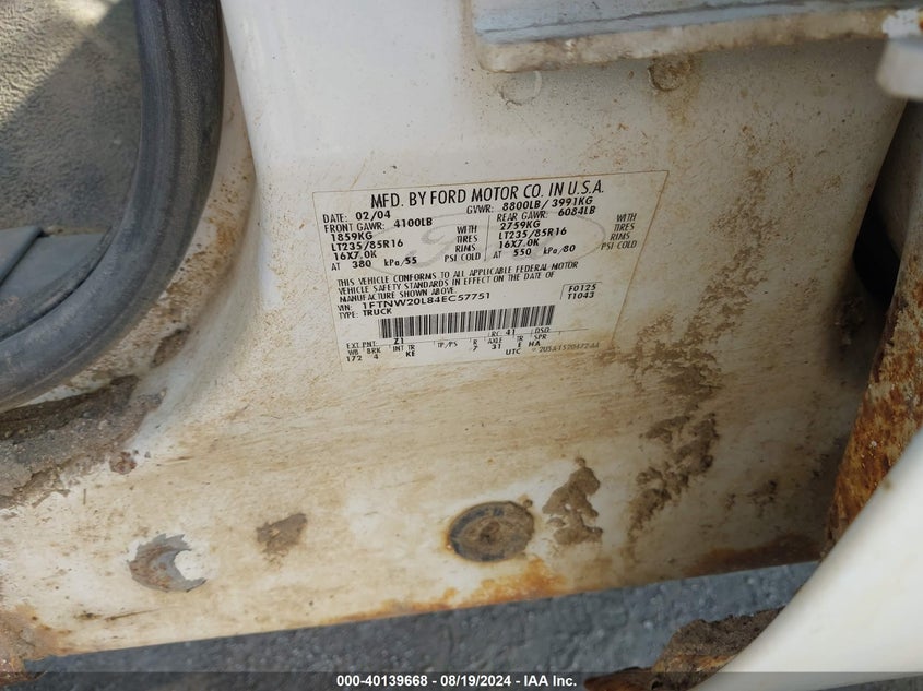 2004 Ford F-250 Lariat/Xl/Xlt VIN: 1FTNW20L84EC57751 Lot: 40139668