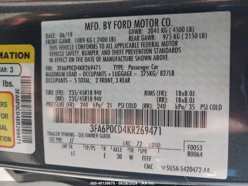 2019 Ford Fusion Sel VIN: 3FA6P0CD4KR269471 Lot: 40139670