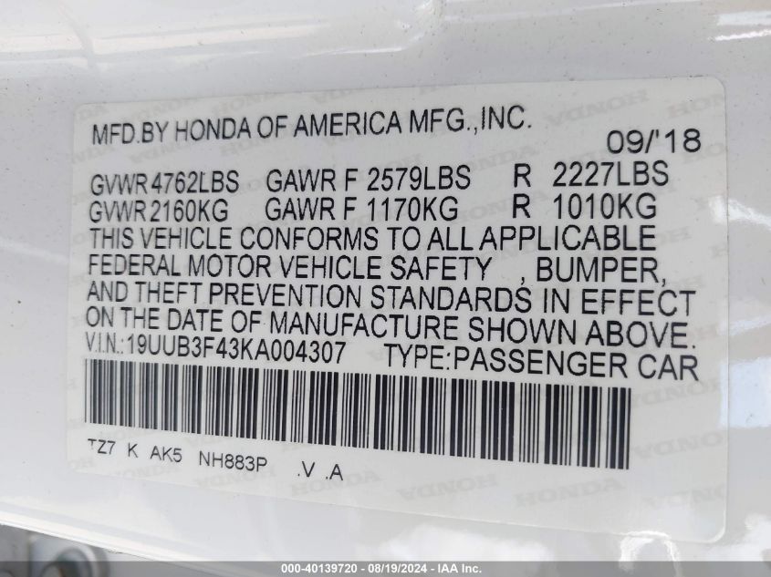 19UUB3F43KA004307 2019 Acura Tlx Tech Pkg