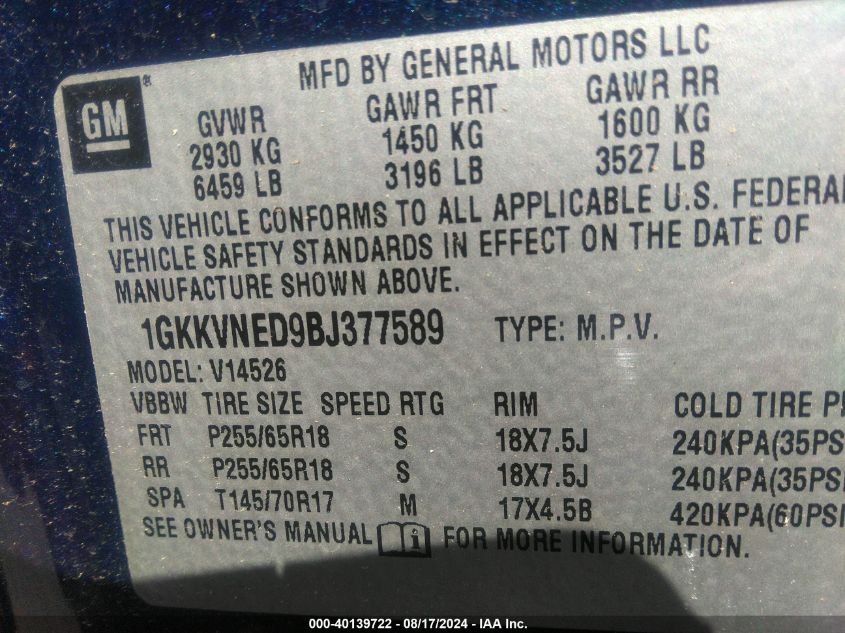 2011 GMC Acadia Sl VIN: 1GKKVNED9BJ377589 Lot: 40139722