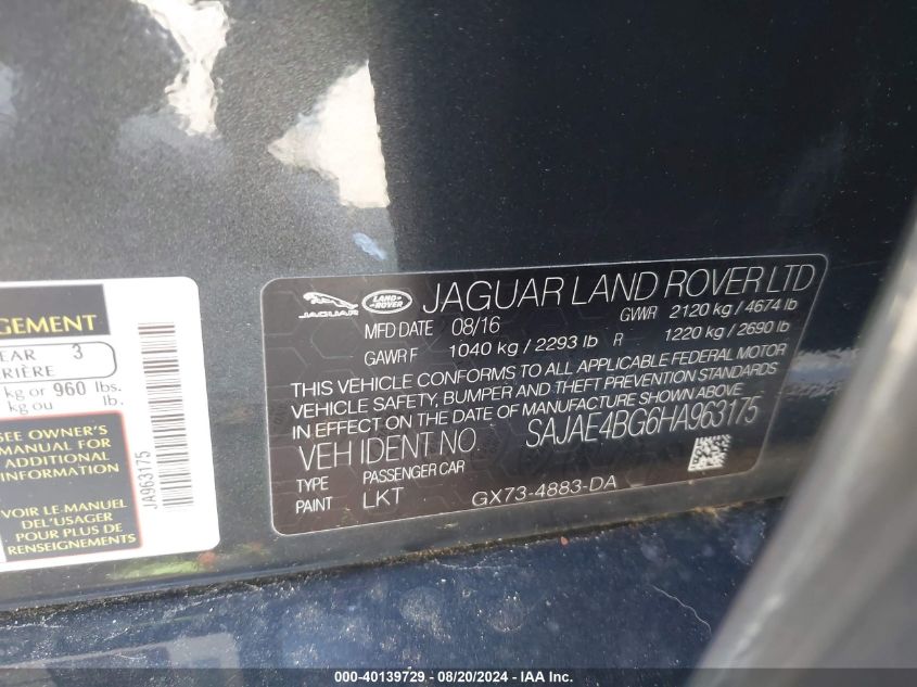 VIN SAJAE4BG6HA963175 2017 JAGUAR XE 25T PRESTIGE