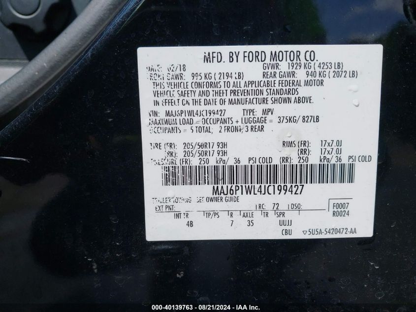 2018 Ford Ecosport Titanium VIN: MAJ6P1WL4JC199427 Lot: 40139763