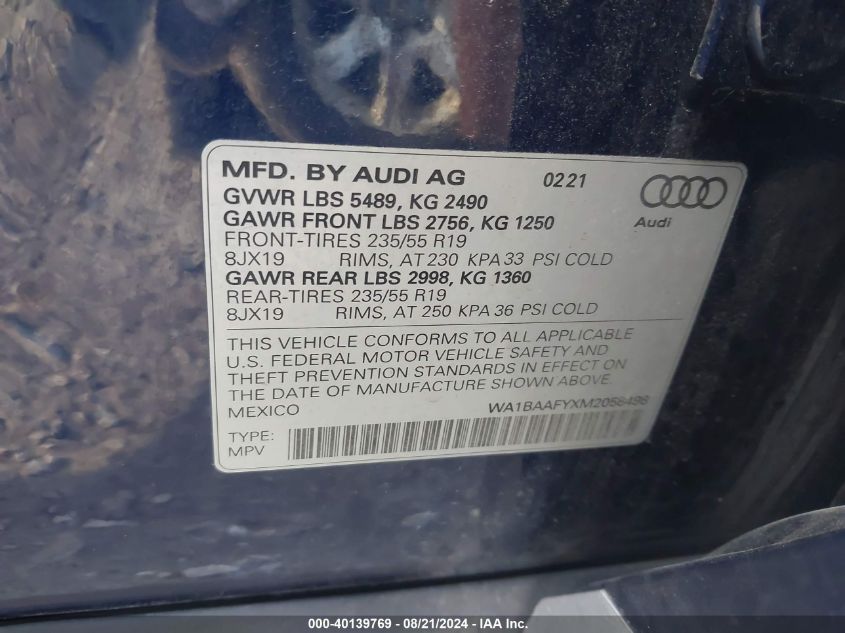 2021 Audi Q5 Premium Plus VIN: WA1BAAFYXM2058498 Lot: 40139769