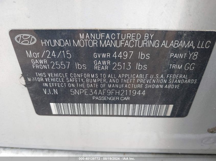 2015 Hyundai Sonata Sport VIN: 5NPE34AF9FH211944 Lot: 40139772