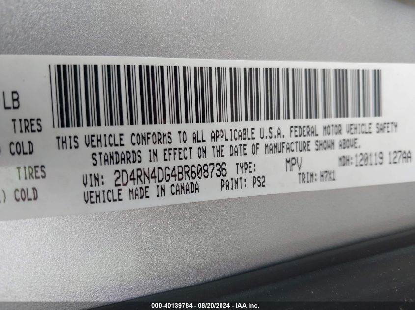 2011 Dodge Grand Caravan Express VIN: 2D4RN4DG4BR608736 Lot: 40139784