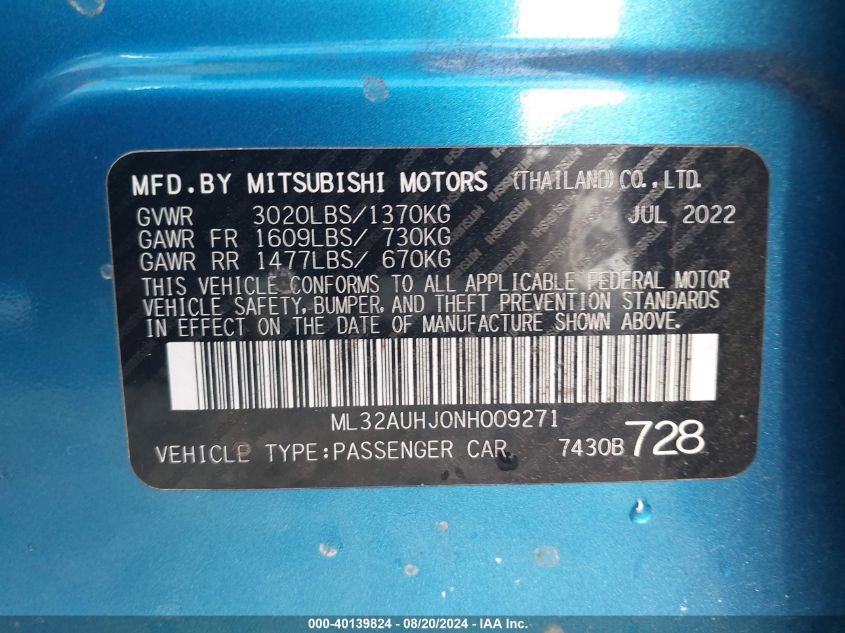 2022 Mitsubishi Mirage Es/Le VIN: ML32AUHJ0NH009271 Lot: 40139824