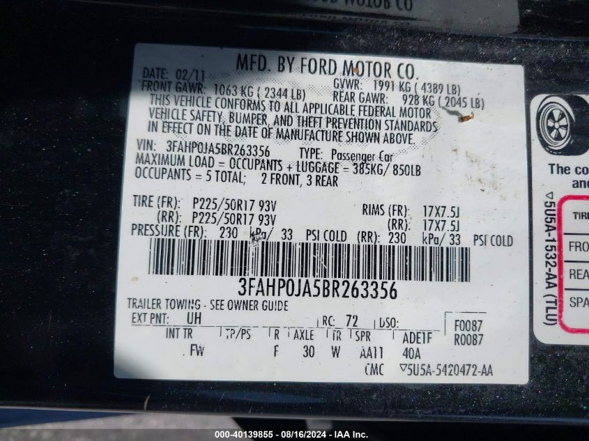 2011 Ford Fusion Sel VIN: 3FAHP0JA5BR263356 Lot: 40139855