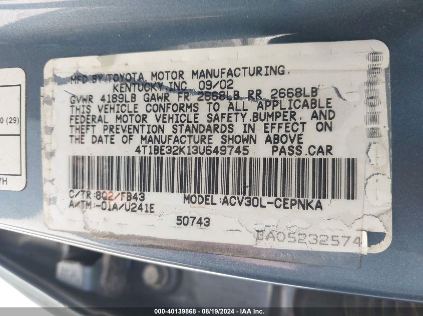 2003 Toyota Camry Le VIN: 4T1BE32K13U649745 Lot: 40139868