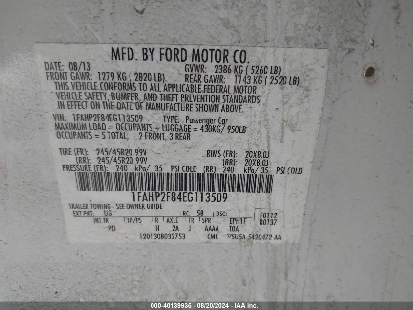 2014 Ford Taurus Limited VIN: 1FAHP2F84EG113509 Lot: 40139935