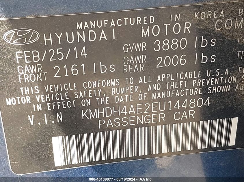 2014 Hyundai Elantra Se VIN: KMHDH4AE2EU144804 Lot: 40139977