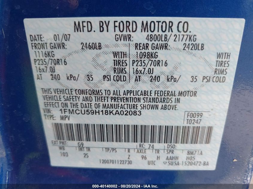 2008 Ford Escape Hev VIN: 1FMCU59H18KA02083 Lot: 40140002