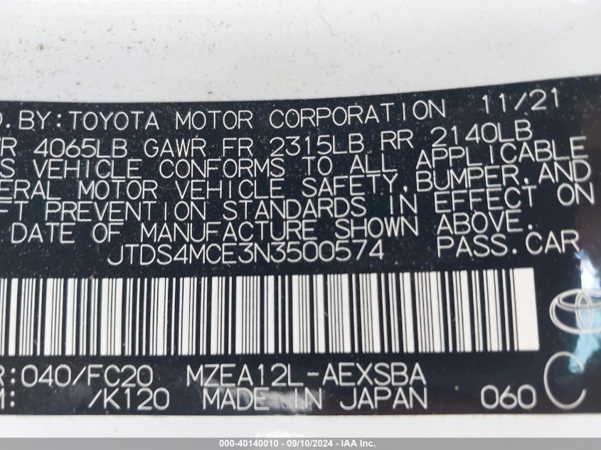 2022 TOYOTA COROLLA SE - JTDS4MCE3N3500574