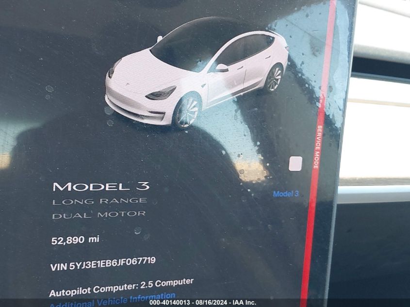 2018 Tesla Model 3 Long Range/Performance VIN: 5YJ3E1EB6JF067719 Lot: 40140013