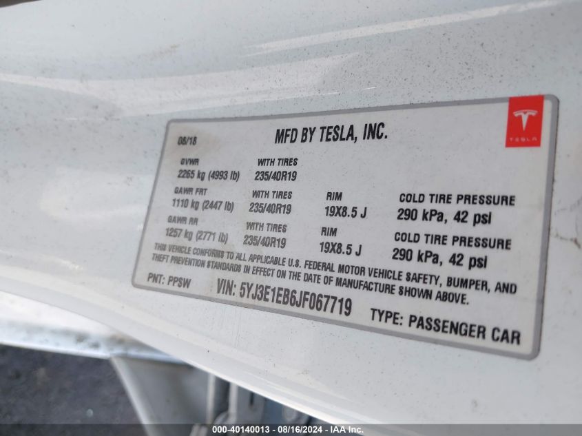 2018 Tesla Model 3 Long Range/Performance VIN: 5YJ3E1EB6JF067719 Lot: 40140013