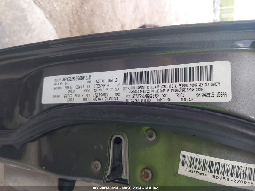 2011 Ram Ram 2500 Laramie VIN: 3D7UT2HLXBG600967 Lot: 40140014