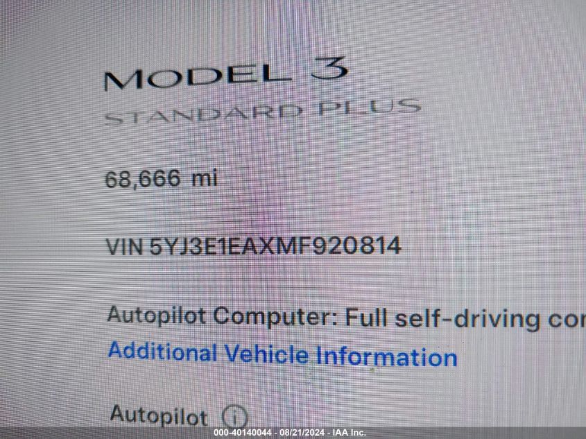 2021 Tesla Model 3 VIN: 5YJ3E1EAXMF920814 Lot: 40140044