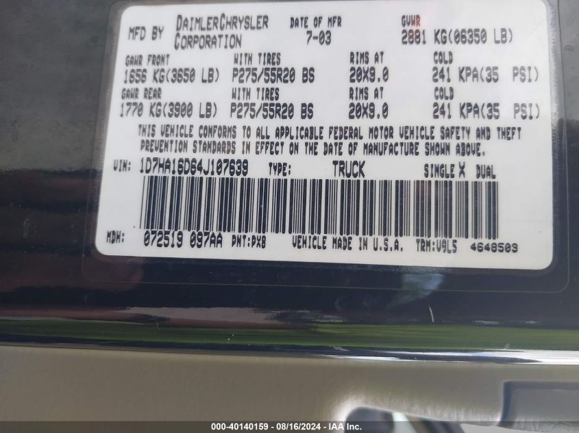 2004 Dodge Ram 1500 Slt/Laramie VIN: 1D7HA16D64J107639 Lot: 40140159