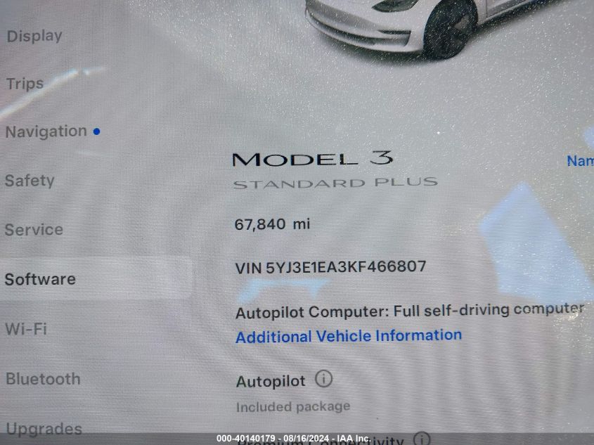 2019 Tesla Model 3 Long Range/Mid Range/Standard Range/Standard Range Plus VIN: 5YJ3E1EA3KF466807 Lot: 40140179