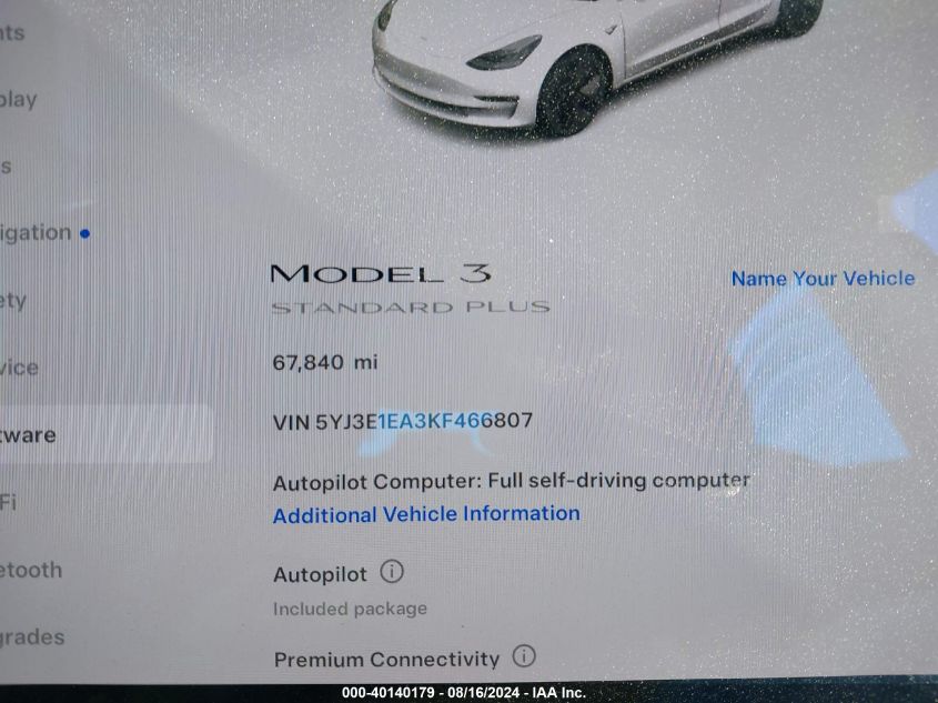 2019 Tesla Model 3 Long Range/Mid Range/Standard Range/Standard Range Plus VIN: 5YJ3E1EA3KF466807 Lot: 40140179