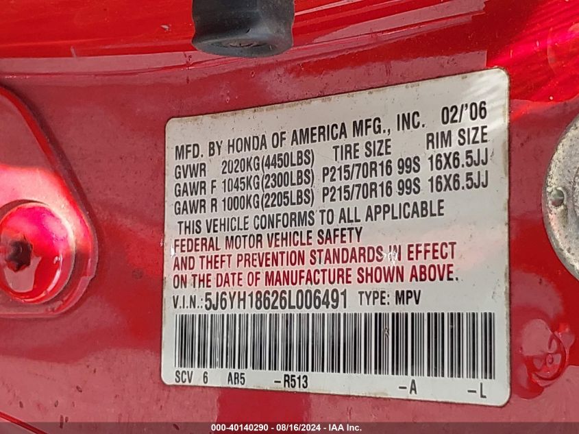 2006 Honda Element Ex VIN: 5J6YH18626L006491 Lot: 40140290
